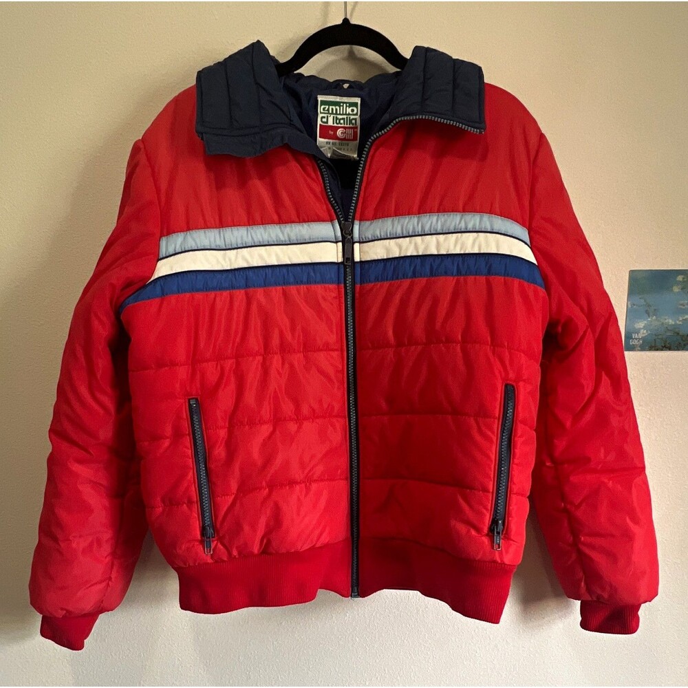 Emilio d'Italia by GHI Men's Puffer Jacket Red/Blue Striped Full Zip M 80s 90s
